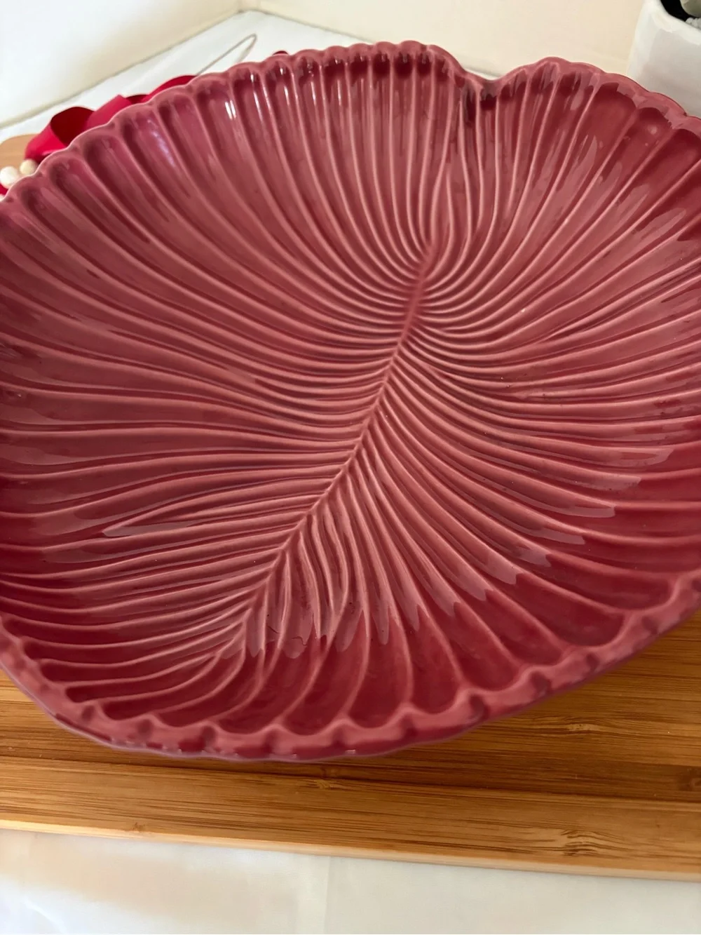 Vintage Banana Leaf Pattern Serving Bowl Maroon By L Made in Italy
